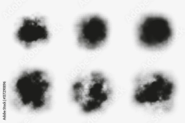 Fototapeta Set of abstract vector halftone stains. Black blots made of round particles. Modern illustration with dark, murky spots. Splattered array of dots. Gradation of tone. Elements of design.