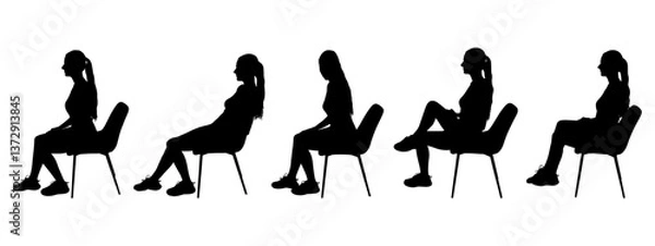 Fototapeta Silhouette of a young woman sitting on a chair in different positions. Vector illustration