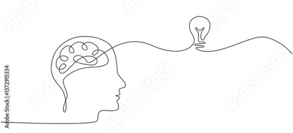Obraz Light bulb with human brain continuous line art drawing,concept Creative idea and insight symbol