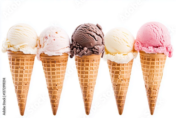 Fototapeta row of five ice cream cones, each with a different flavor. The cones are lined up next to each other, creating a visually appealing display