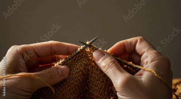 Obraz Hands Knitting Mustard Yellow Yarn