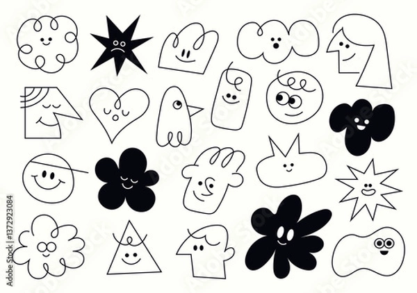 Fototapeta Set of basic faces and doodle elements. Fun hand-drawn characters. Isolated vector illustrations with outlines.