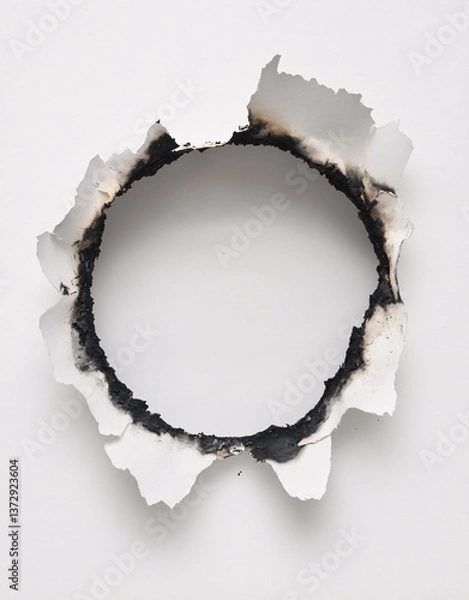 Fototapeta Burnt circular hole in white paper with singed edges on a blank background