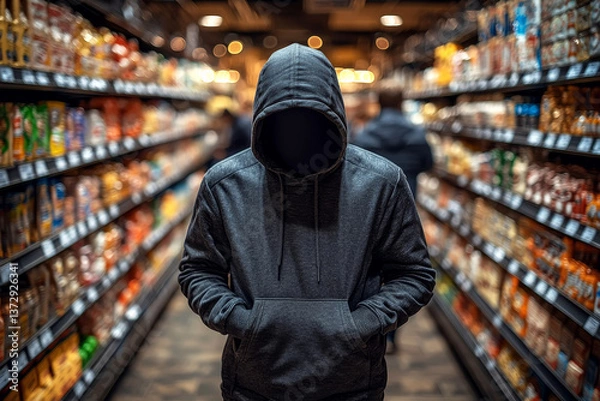 Fototapeta Hooded man in dark jacket holds packaged snacks in store aisle, suspicious behavior suggests possible shoplifting attempt