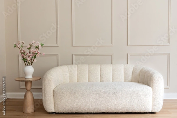 Fototapeta white boucle loveseat against cream colored wall with wainscotting and a small table with cherry blossom branches, room for copy