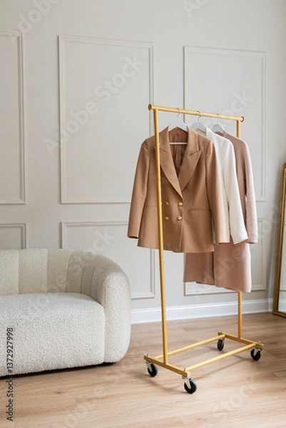 Fototapeta Three womens' blazers in light neutral colors hanging from a gold rack
