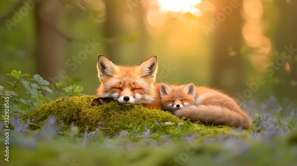 Fototapeta Mother Fox Resting Beside Her Kit in a Serene Forest Setting