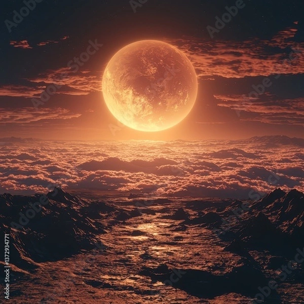 Fototapeta Earthrise space concept. A stunning view of a large, glowing moon rising above a landscape of clouds and mountains, creating a dramatic and surreal atmosphere.