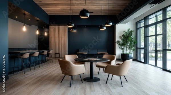 Fototapeta An inviting space with stylish design elements, featuring sleek seating and modern décor, perfect for social gatherings, meetings, or casual conversations among friends.