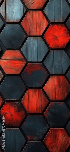 Fototapeta Close-up of a geometric hexagonal wooden pattern featuring red and black painted textures. This modern abstract design is perfect for backgrounds, wallpapers, and architectural presentations