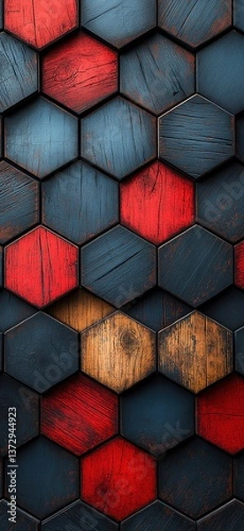 Fototapeta Close-up of a geometric hexagonal wooden pattern featuring red and black painted textures. This modern abstract design is perfect for backgrounds, wallpapers, and architectural presentations
