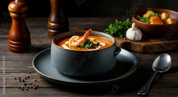 Fototapeta Gourmet seafood bisque with shrimp and cream in elegant bowl on rustic table