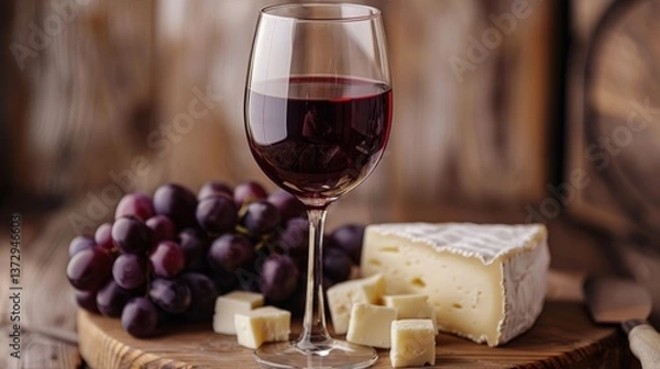 Fototapeta Charming presentation of red wine, varied cheeses, grapes, and knife on a rustic wooden platter