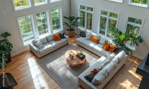 Fototapeta Aerial view of a bright living room with sofas, a rug, a coffee table, and large windows showing trees