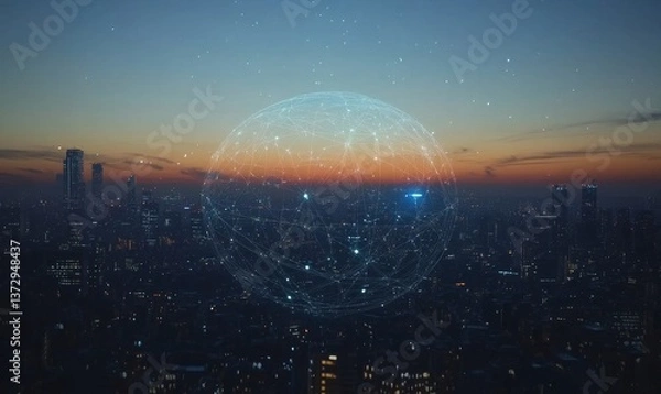 Fototapeta Cityscape at dusk with digital network overlay and connected global communications sphere visible above