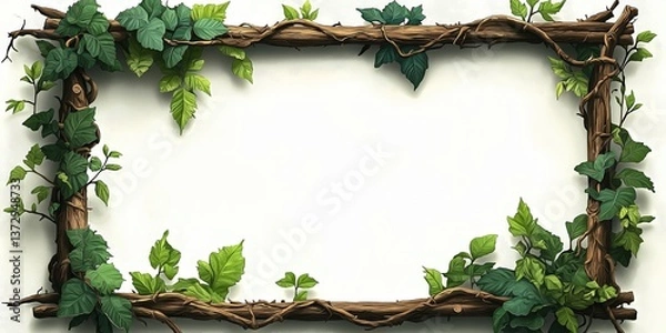 Fototapeta Rectangular jungle-style frame made of wooden sticks and green foliage on a light background, ideal for natural-themed design.