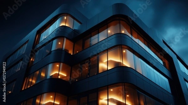 Fototapeta This architectural masterpiece features a sleek, modern design with illuminated windows, vibrant colors, and a dramatic nighttime ambiance, perfect for urban living.