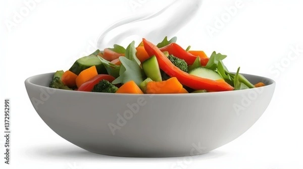 Fototapeta Freshly microwave mixed vegetables with a slight steam, presented in a modern, showcasing the freshness and appeal of healthy eating