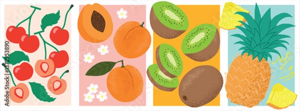 Obraz Colorful Tropical Fruit Vector – Cherries, Apricots, Kiwis, Pineapple