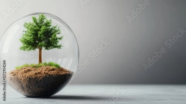 Fototapeta A lush green tree growing inside a clear glass sphere symbolizes nature's resilience and beauty, showcasing the importance of environmental conservation and harmony with nature.