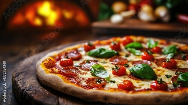 Obraz A freshly baked wood-fired pizza with bubbling mozzarella cheese, a hand holding slice pizza, crispy golden crust, and vibrant toppings of basil, cherry tomatoes, and pepperoni, set on a rustic wooden