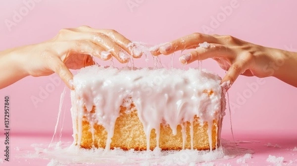 Obraz Close-up of hands reaching for a frosted pound cake on a pastel pink background. A playful and tempting concept of indulgent dessert moments