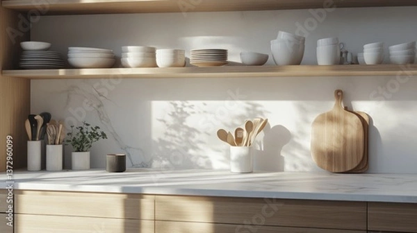 Obraz A sleek Scandinavian-style kitchen with white marble countertops