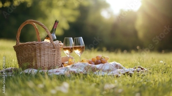 Obraz A cozy outdoor picnic with wine and fresh fruits under the warm afternoon sun. Perfect for romantic getaways or lifestyle concepts.
