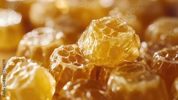 Obraz Honeycomb candy texture with golden honey dripping, detailed and vibrant	