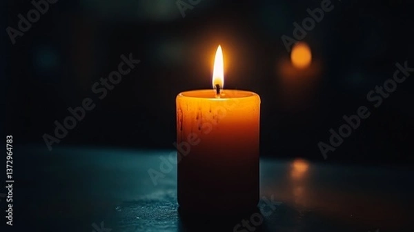 Fototapeta Lit candle glows in the dark casting light and reflection