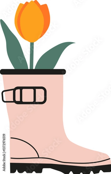 Fototapeta A charming rubber boot planter featuring a bright tulip flower, creating a playful and colorful touch. Ideal for garden and home decor project, this illustration design