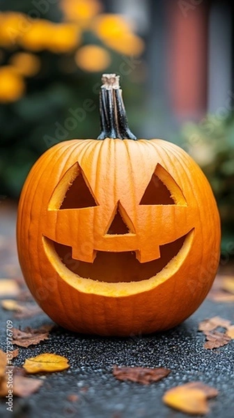 Fototapeta Jackolantern with autumn leaves, and outdoor.