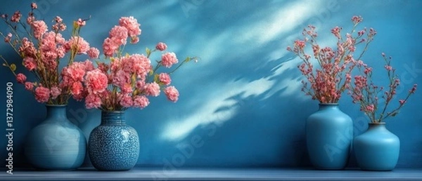 Obraz Floral arrangements in vases against blue wall.