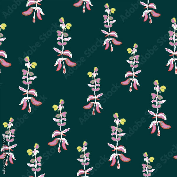 Fototapeta Hand drawn wild flower with leaves seamless repeat pattern. Vector botany aop, all over surface print on dark green background.
