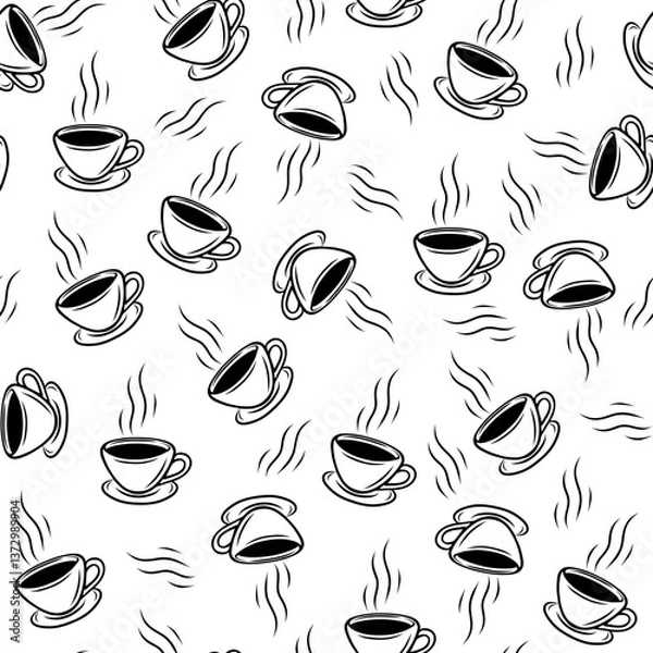 Obraz Seamless cup pattern, vector line drawing, minimal tea coffee mug design, black white outline, simple background, kitchen drink decorative texture modern repeat, elegant trendy beverage breakfast