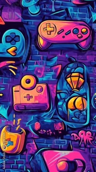 Fototapeta Brightly colored graffiti art features different retro video game controllers