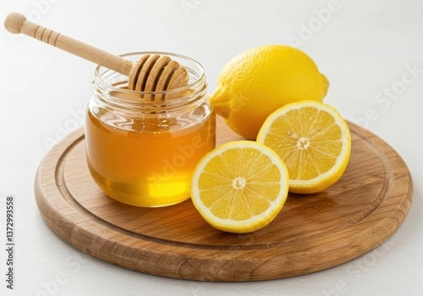 Fototapeta A jar of honey with dipper and lemons on a wooden circular board