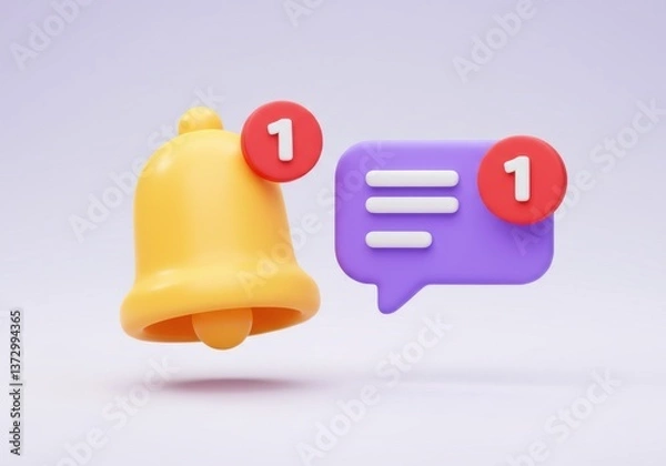 Fototapeta Yellow bell and purple speech bubble with notification number one icon