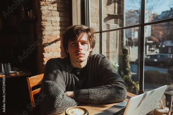Fototapeta Portrait of Man by Window in Warm Light