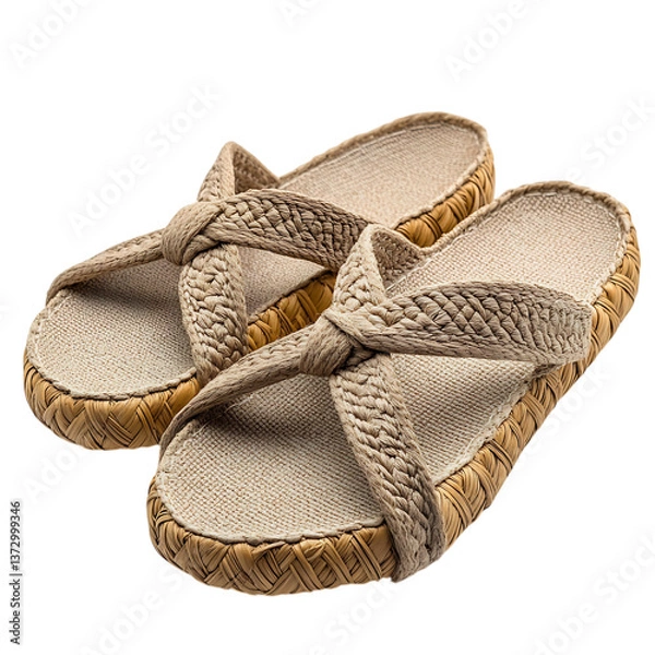 Fototapeta Comfortable Beige Espadrilles with Woven Soles Isolated on Transparent Background