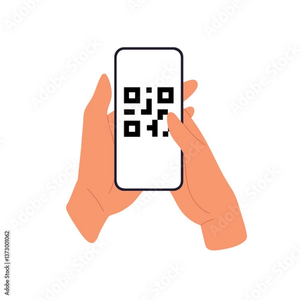Obraz QR code scan with smartphone, hand holding mobile device reading black square symbol. Modern barcode application for payment, smart technology. Flat vector illustration isolated on white background.