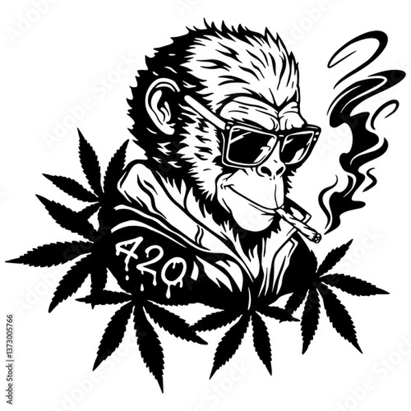 Fototapeta Cool monkey in sunglasses smoking a joint with  cannabis leaves. A stylish black and white vector design