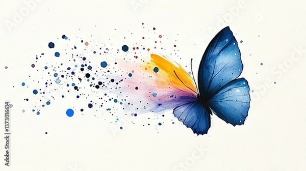 Fototapeta   Blue butterfly flying in watercolor with multicolored spots on wings