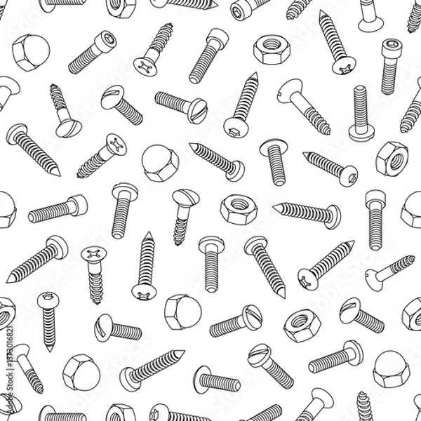 Fototapeta Seamless Pattern of Screws, Bolts and Nuts in Outline Style Over White Background