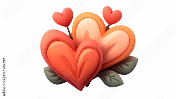 Fototapeta Two 3D Rendered Hearts with Leaves and Small Hearts