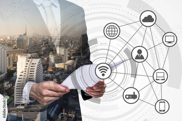 Fototapeta Double exposure of business person and wireless communication network