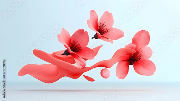 Fototapeta Pink Flowers and Liquid Splash Abstract 3D Rendering