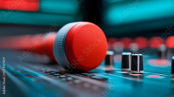 Fototapeta Red Emergency Button on a Teal Control Panel