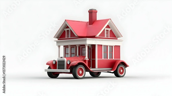 Obraz Red Vintage House on Wheels 3D Render