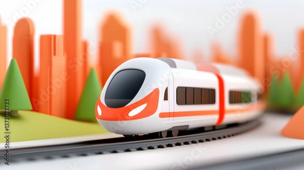 Fototapeta White and Orange High Speed Train Model in a Stylized Cityscape
